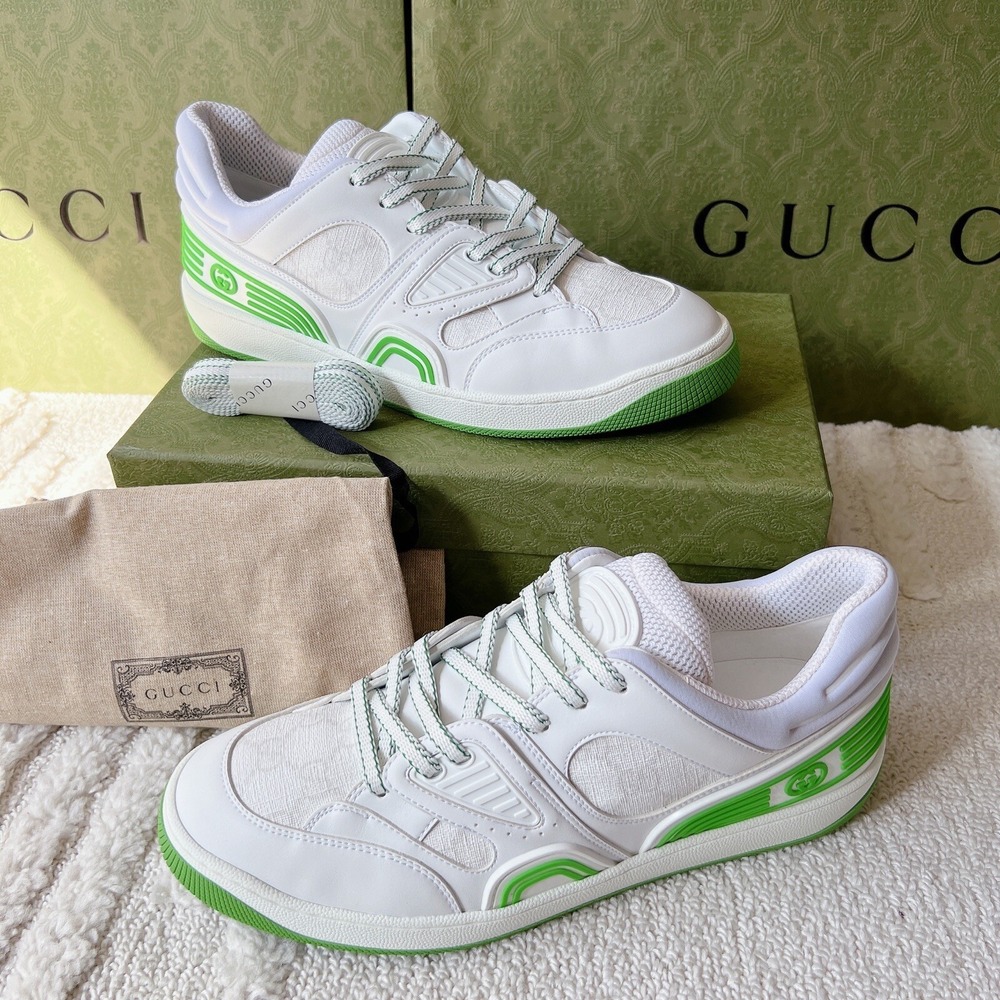 Gucci Basket GG Logo Low Top Sneakers White Green Lace Up Mens UK 13 US 13.5